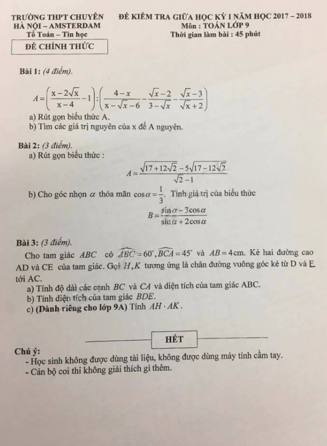đề kiểm tra giữa học kỳ i năm học 2017 – 2018 môn toán 9 trường thpt chuyên hà nội – amsterdam