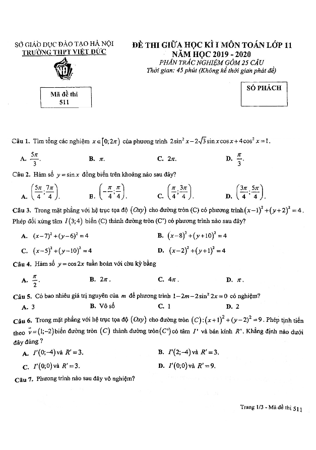 đề kiểm tra giữa kì 1 toán 11 năm 2019 – 2020 trường thpt việt đức – hà nội