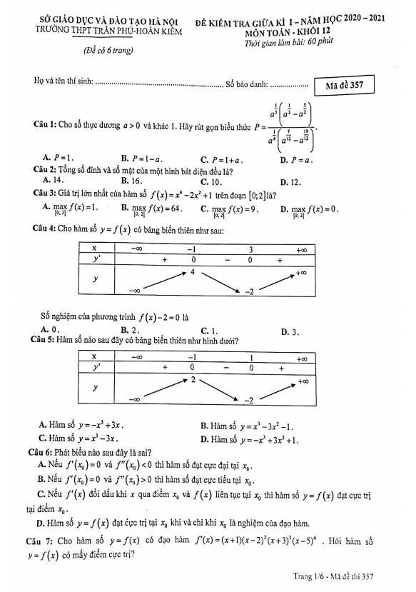đề kiểm tra giữa kì 1 toán 12 năm 2020 – 2021 trường thpt trần phú – hà nội