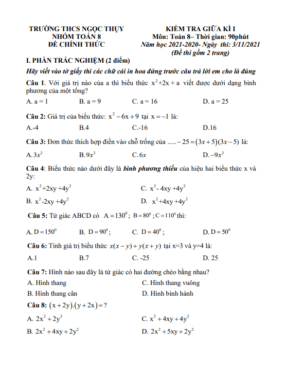 đề kiểm tra giữa kì 1 toán 8 năm 2021 – 2022 trường thcs ngọc thụy – hà nội