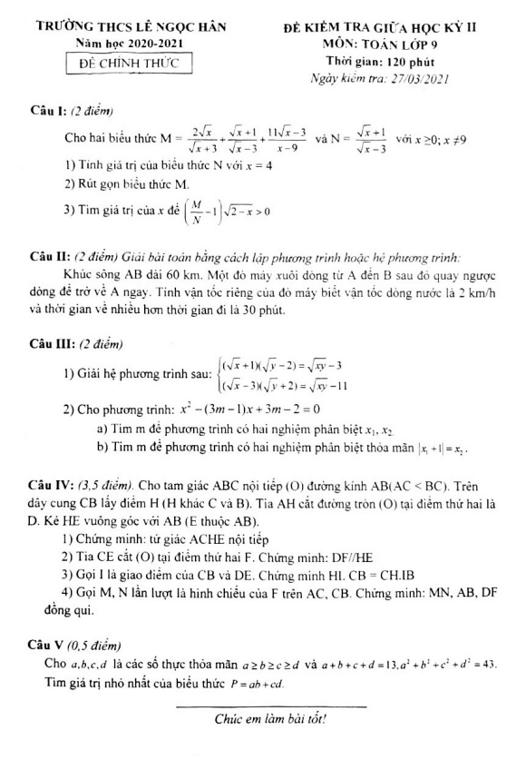 đề kiểm tra giữa kỳ 2 toán 9 năm 2020 – 2021 trường lê ngọc hân – hà nội