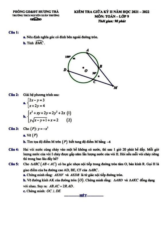 đề kiểm tra giữa kỳ 2 toán 9 năm 2021 – 2022 trường thcs nguyễn xuân thưởng – tt huế