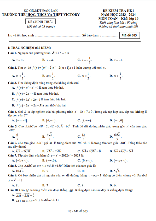 đề kiểm tra hk1 toán 10 năm 2023 – 2024 trường victory – đắk lắk