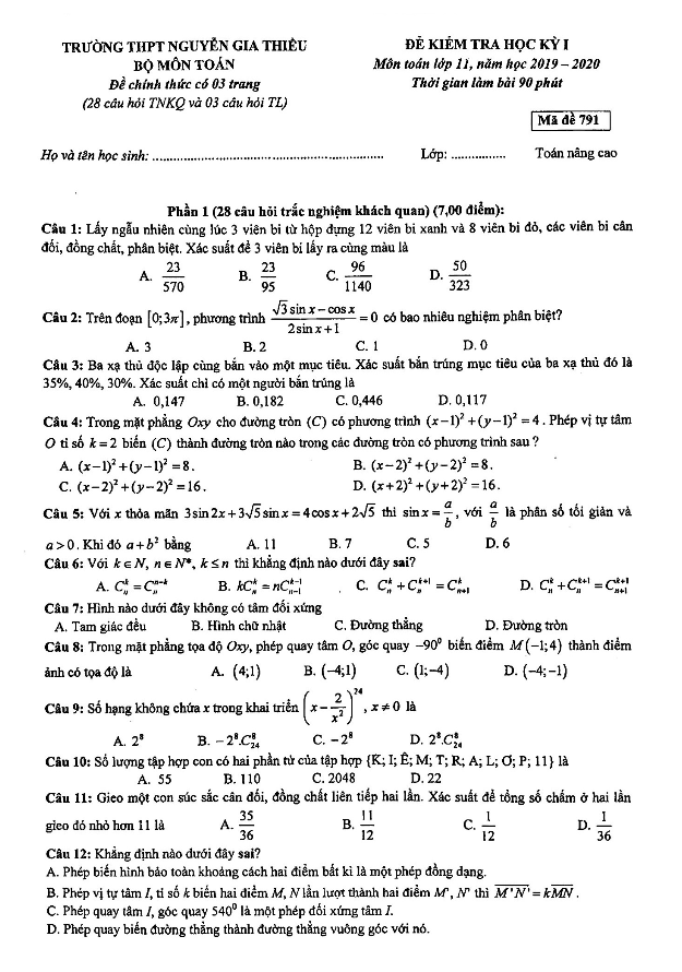 đề kiểm tra hki toán 11 năm 2019 – 2020 trường nguyễn gia thiều – hà nội