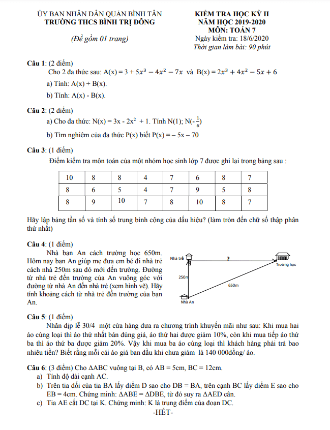 đề kiểm tra học kì 2 toán 7 năm 2019 – 2020 trường thcs bình trị đông – tp hcm
