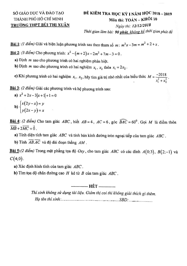 đề kiểm tra học kỳ 1 toán 10 năm 2018 – 2019 trường thpt bùi thị xuân – tp. hcm