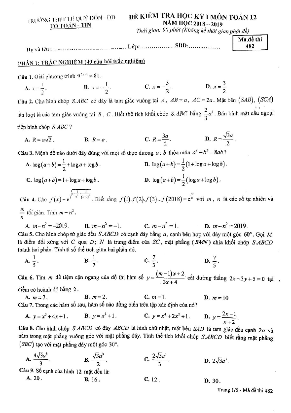 đề kiểm tra học kỳ 1 toán 12 năm 2018 – 2019 trường thpt lê quý đôn – hà nội