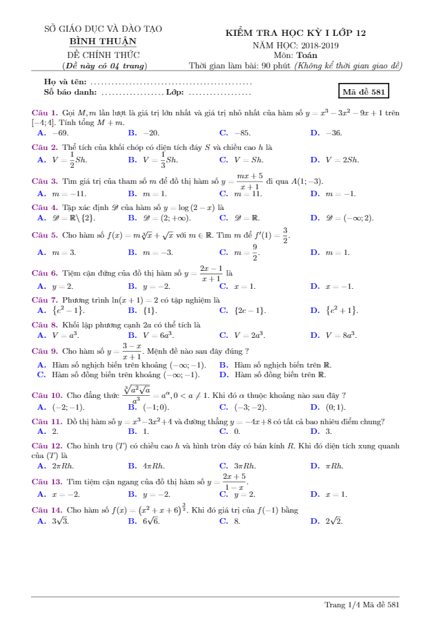 đề kiểm tra học kỳ 1 toán 12 năm học 2018 – 2019 sở gd và đt bình thuận