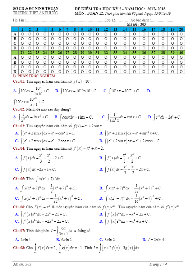 đề kiểm tra học kỳ 2 toán 12 năm 2017 – 2018 trường thpt an phước – ninh thuận