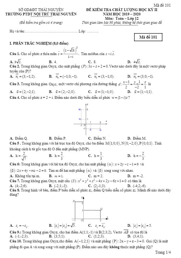 đề kiểm tra học kỳ 2 toán 12 năm 2019 – 2020 trường ptdt nội trú thái nguyên