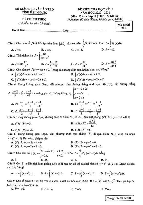 đề kiểm tra học kỳ 2 toán 12 năm 2020 – 2021 sở gd&đt hậu giang