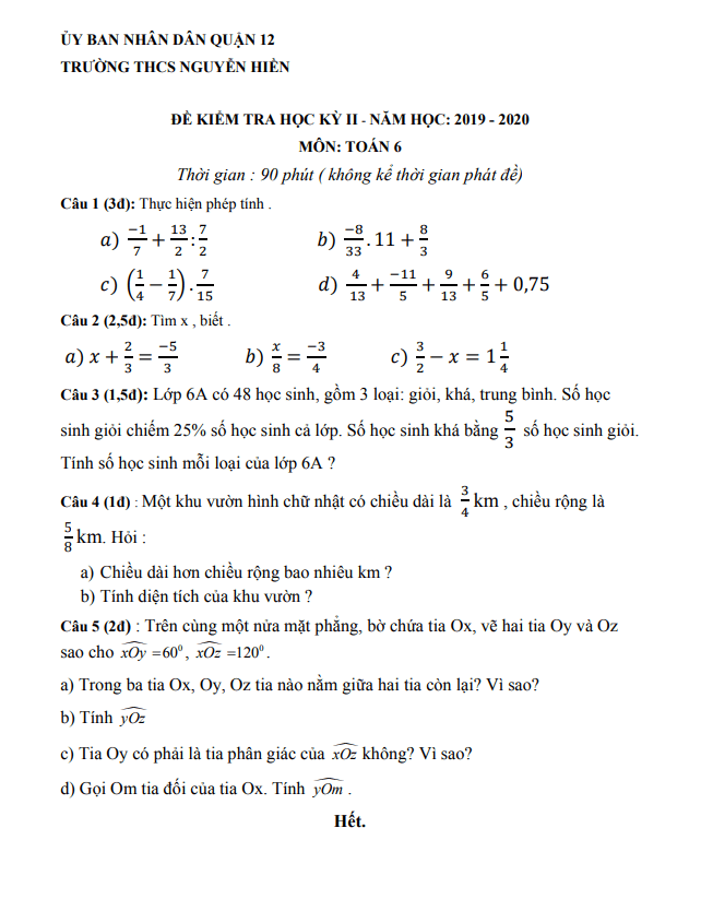 đề kiểm tra học kỳ 2 toán 6 năm 2019 – 2020 trường thcs nguyễn hiền – tp hcm