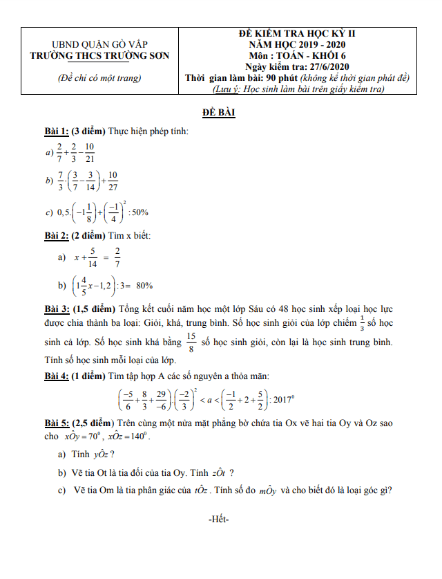 đề kiểm tra học kỳ 2 toán 6 năm 2019 – 2020 trường thcs trường sơn – tp hcm