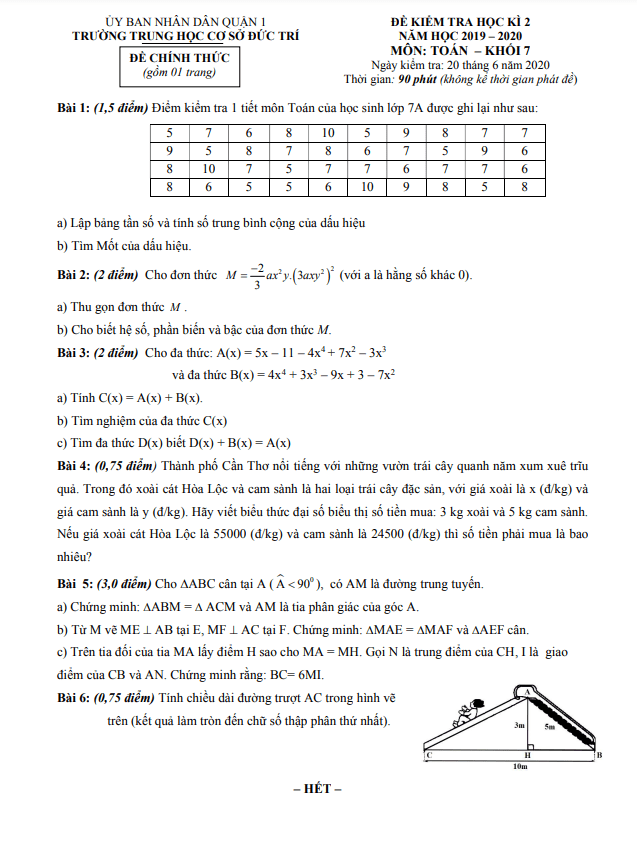 đề kiểm tra học kỳ 2 toán 7 năm 2019 – 2020 trường thcs đức trí – tp hcm