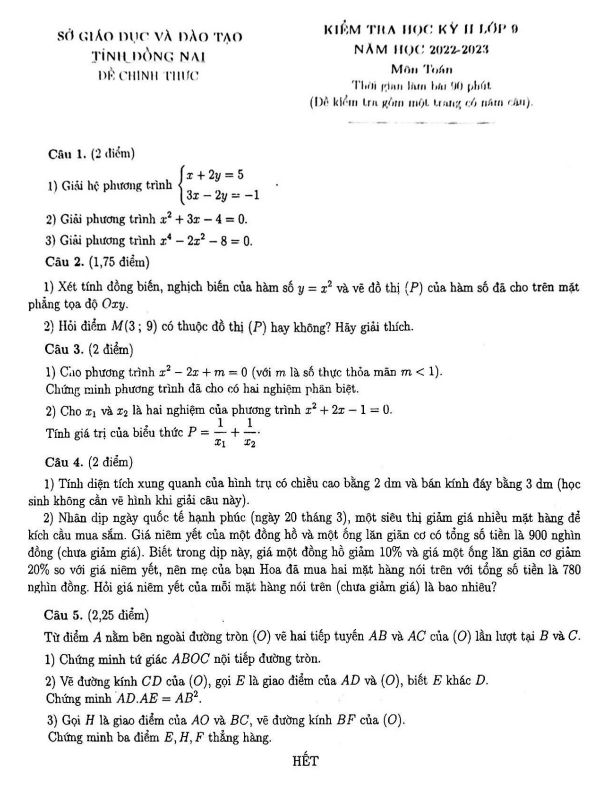 đề kiểm tra học kỳ 2 toán 9 năm 2022 – 2023 sở gd&đt đồng nai
