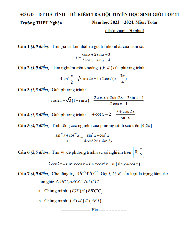 đề kiểm tra hsg toán 11 năm 2023 – 2024 trường thpt nghèn – hà tĩnh