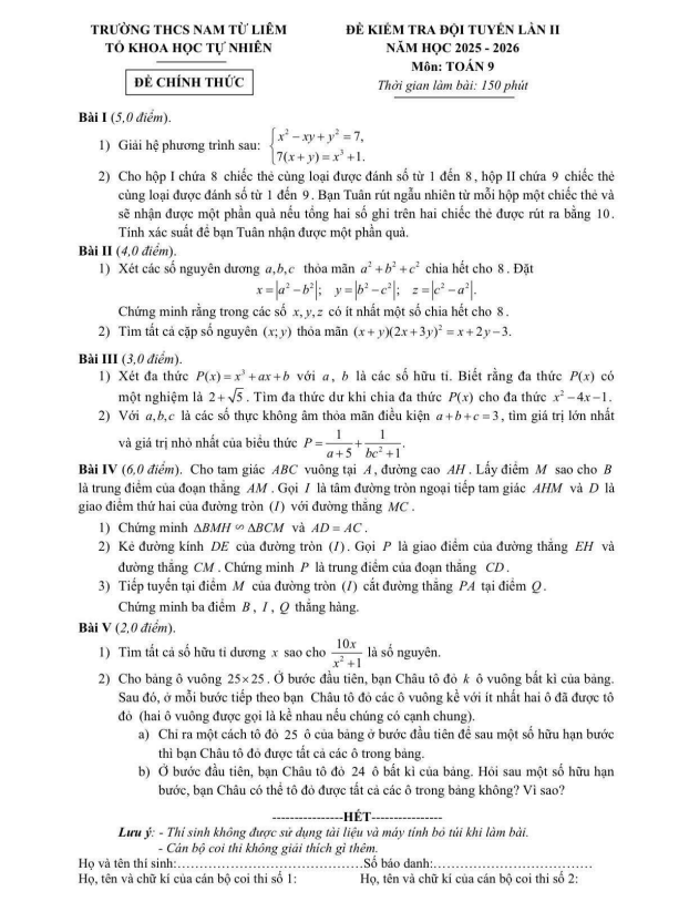 đề kiểm tra hsg toán 9 lần 2 năm 2025 – 2026 trường thcs nam từ liêm – hà nội