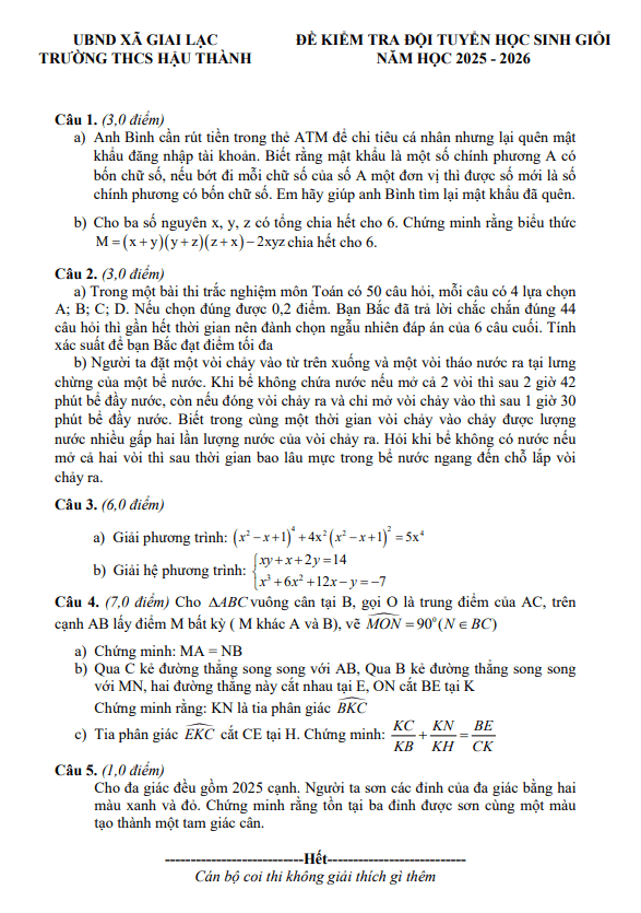 đề kiểm tra hsg toán năm 2025 – 2026 trường thcs hậu thành – nghệ an