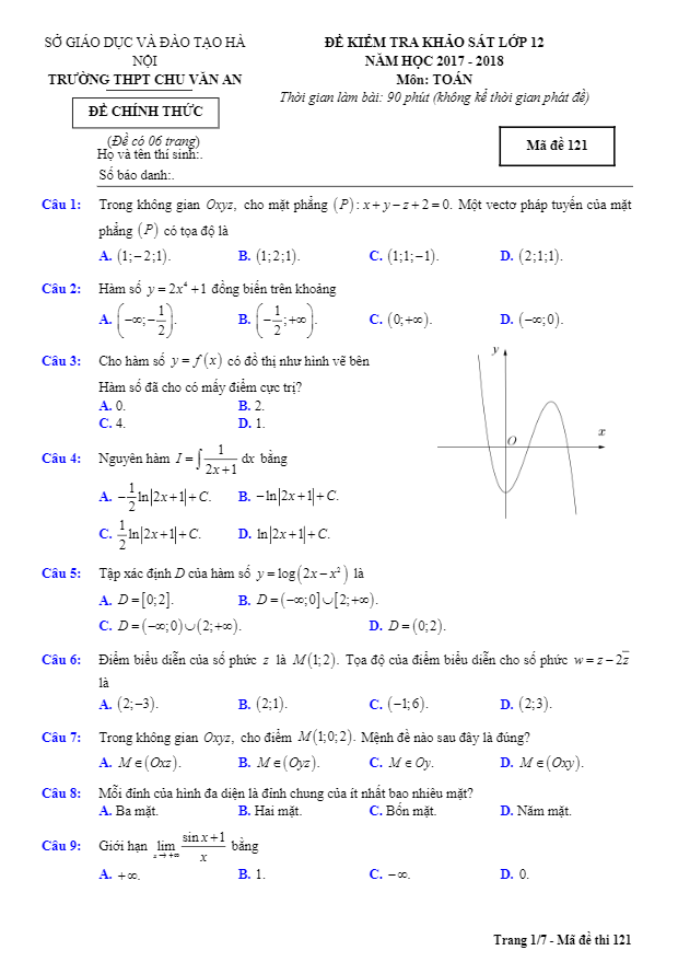 đề kiểm tra khảo sát toán 12 năm 2017 – 2018 trường chu văn an – hà nội