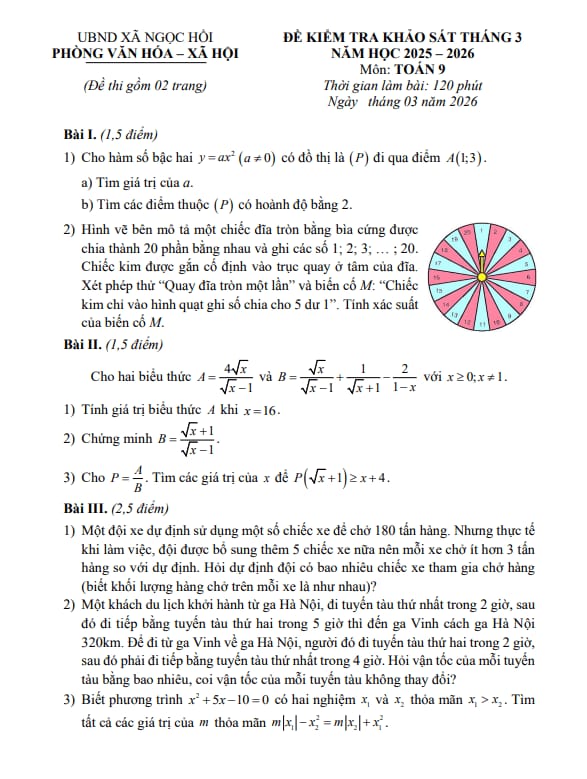 đề kiểm tra khảo sát toán 9 tháng 3 năm 2026 xã ngọc hồi – hà nội