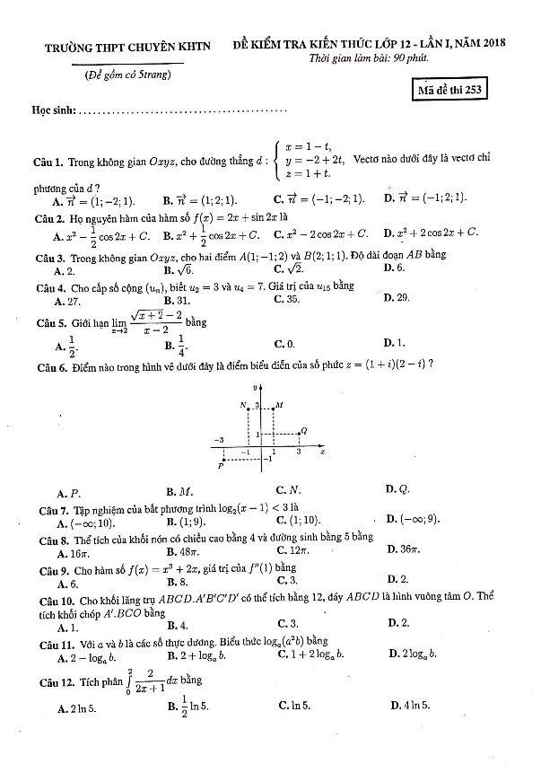 đề kiểm tra kiến thức toán 12 lần 1 năm 2018 trường thpt chuyên khtn – hà nội