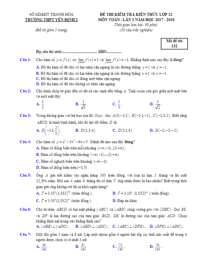 đề kiểm tra kiến thức toán 12 lần 2 năm 2017 – 2018 trường yên định 2 – thanh hóa
