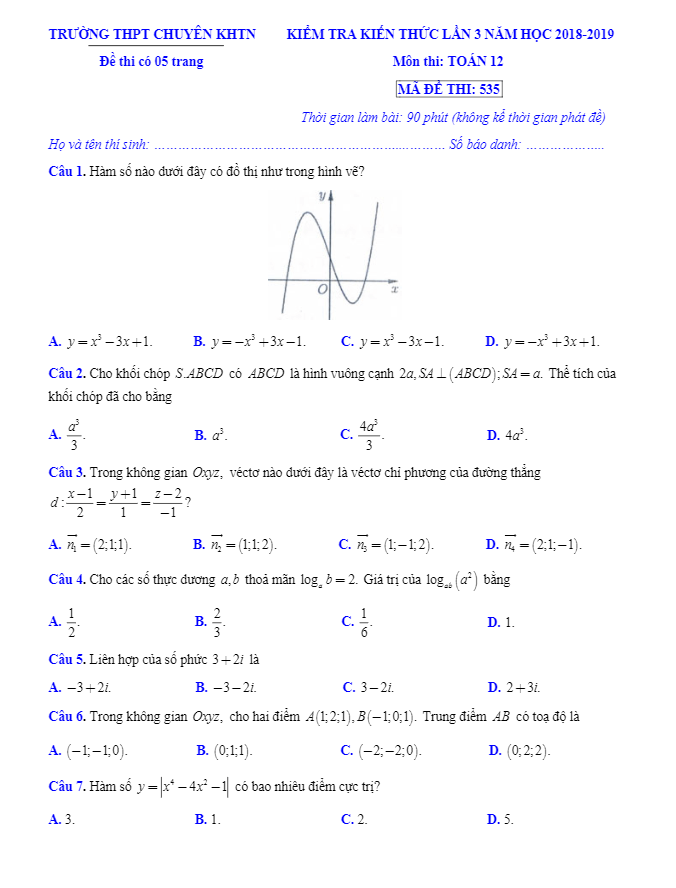 đề kiểm tra kiến thức toán 12 lần 3 năm 2018 – 2019 trường chuyên khtn – hà nội