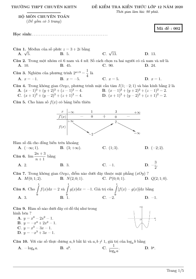 đề kiểm tra kiến thức toán 12 năm 2020 trường thpt chuyên khtn – hà nội