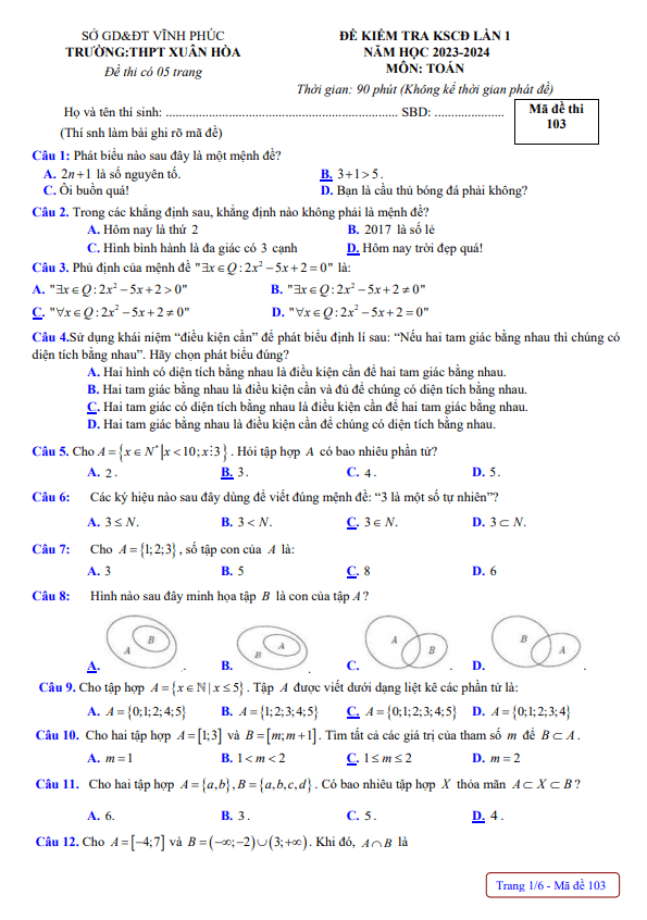 đề kiểm tra kscđ lần 1 toán 10 năm 2023 – 2024 trường thpt xuân hòa – vĩnh phúc