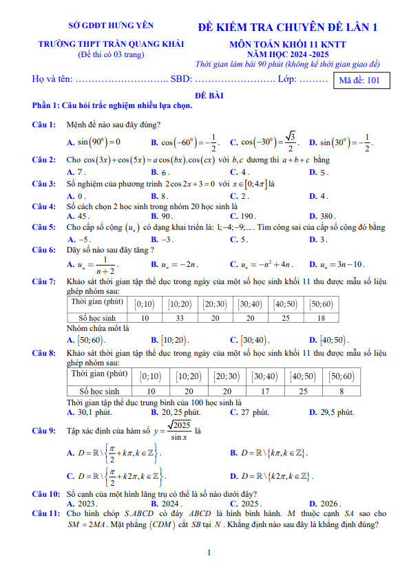 đề kiểm tra lần 1 toán 11 knttvcs năm 2024 – 2025 trường trần quang khải – hưng yên