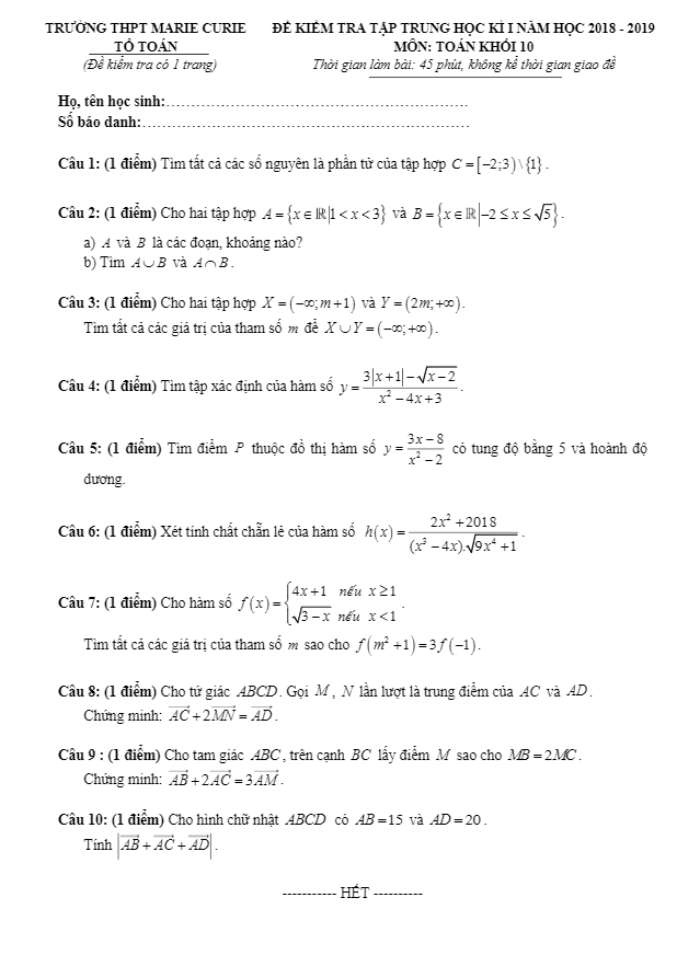 đề kiểm tra tập trung hk1 toán 10 năm 2018 – 2019 trường marie curie – tp. hcm