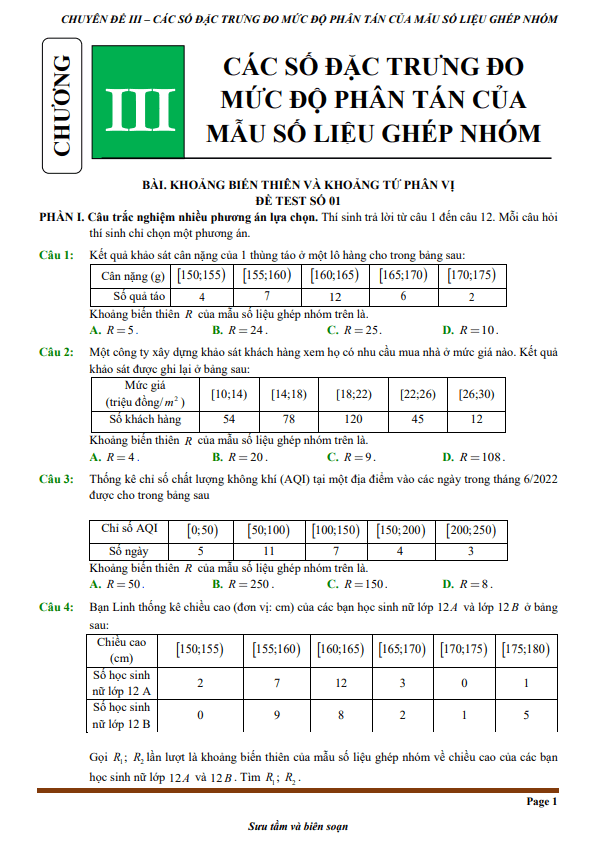 đề kiểm tra theo bài học các số đặc trưng đo mức độ phân tán mẫu số liệu ghép nhóm
