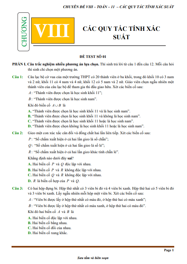 đề kiểm tra theo bài học chủ đề các quy tắc tính xác suất