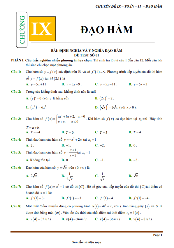 đề kiểm tra theo bài học chủ đề đạo hàm