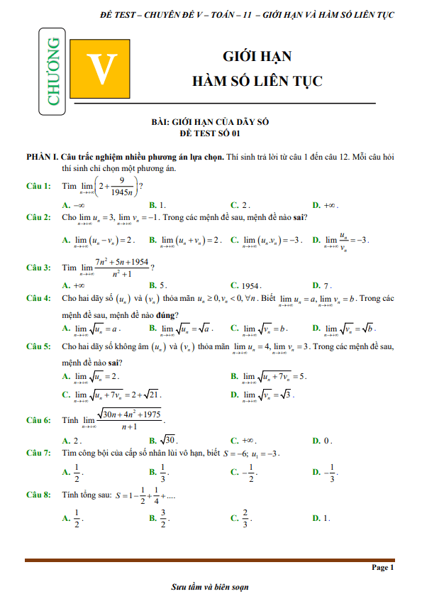 đề kiểm tra theo bài học chủ đề giới hạn, hàm số liên tục