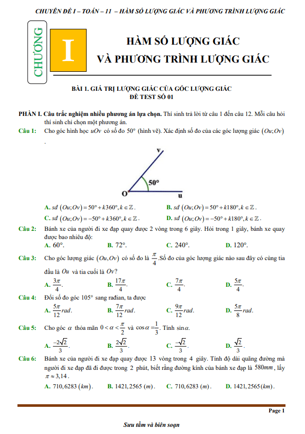 đề kiểm tra theo bài học chủ đề hàm số lượng giác và phương trình lượng giác