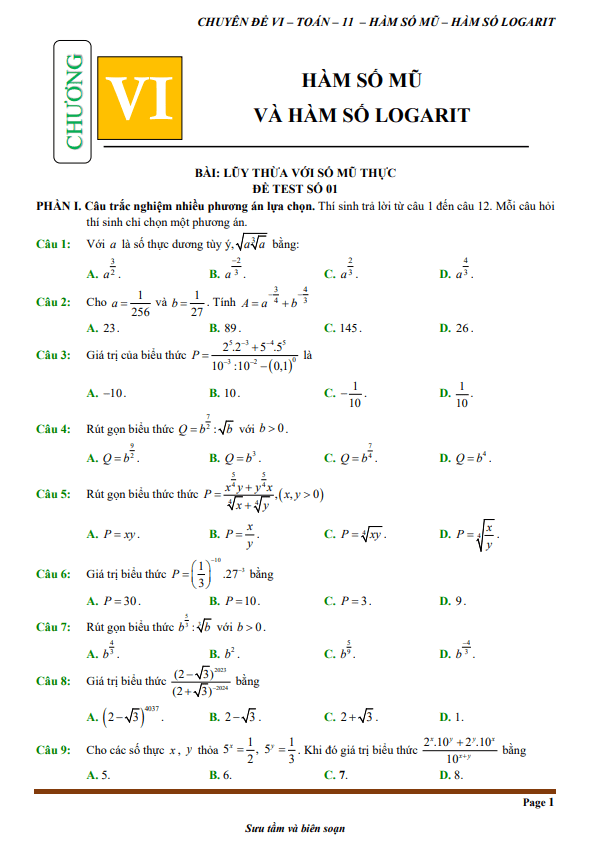 đề kiểm tra theo bài học chủ đề hàm số mũ và hàm số lôgarit
