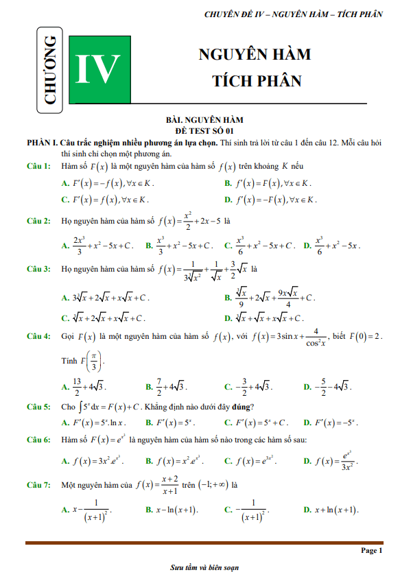 đề kiểm tra theo bài học chủ đề nguyên hàm và tích phân