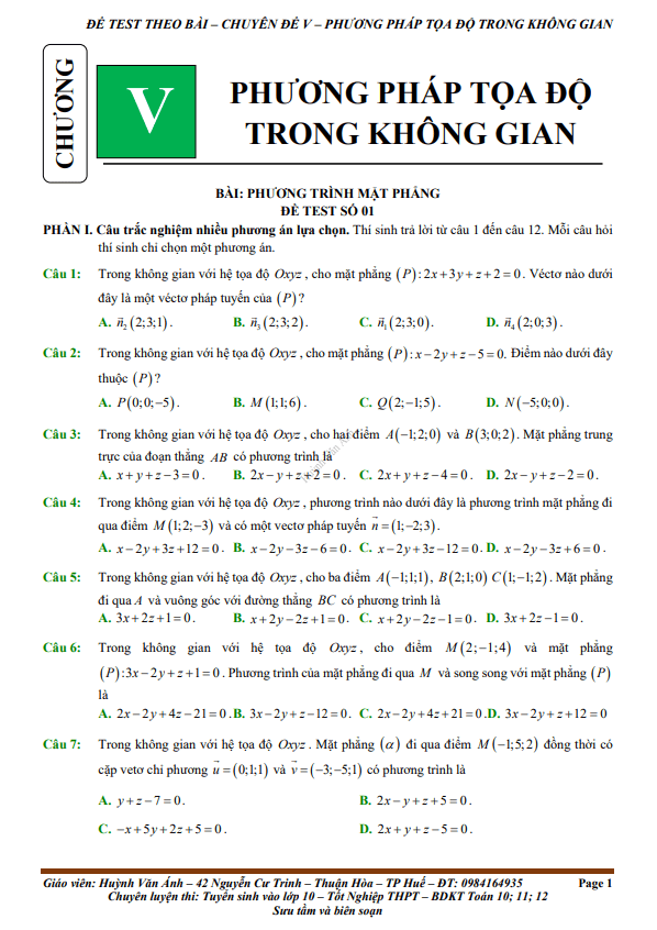 đề kiểm tra theo bài học chủ đề phương pháp tọa độ trong không gian