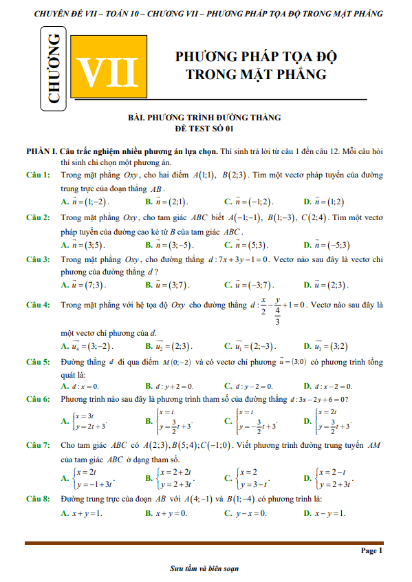 đề kiểm tra theo bài học chủ đề phương pháp tọa độ trong mặt phẳng