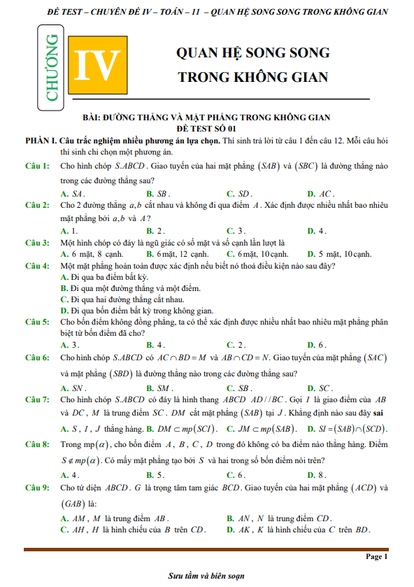 đề kiểm tra theo bài học chủ đề quan hệ song song trong không gian