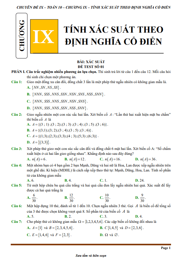 đề kiểm tra theo bài học chủ đề tính xác suất theo định nghĩa cổ điển