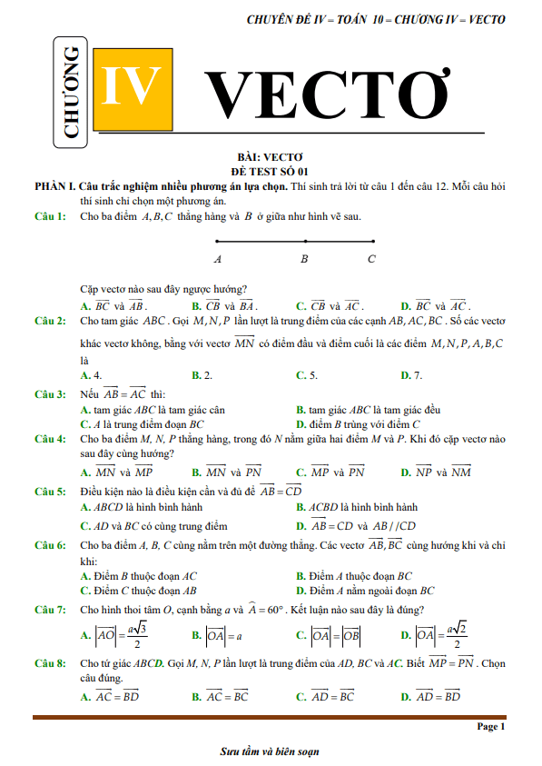 đề kiểm tra theo bài học chủ đề vectơ