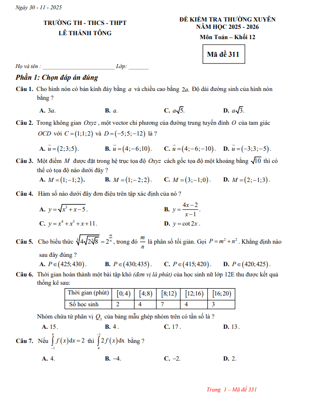 đề kiểm tra thường xuyên toán 12 năm 2025 – 2026 trường lê thánh tông – tp hcm