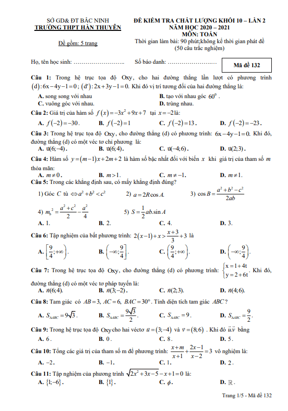 đề kiểm tra toán 10 lần 2 năm 2020 – 2021 trường hàn thuyên – bắc ninh