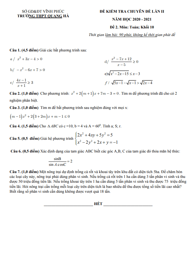 đề kiểm tra toán 10 lần 2 năm 2020 – 2021 trường thpt quang hà – vĩnh phúc