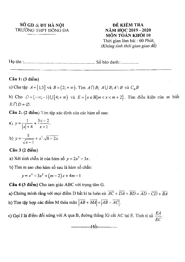 đề kiểm tra toán 10 năm học 2019 – 2020 trường thpt đống đa – hà nội