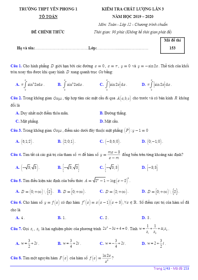 đề kiểm tra toán 12 lần 3 năm 2019 – 2020 trường thpt yên phong 1 – bắc ninh