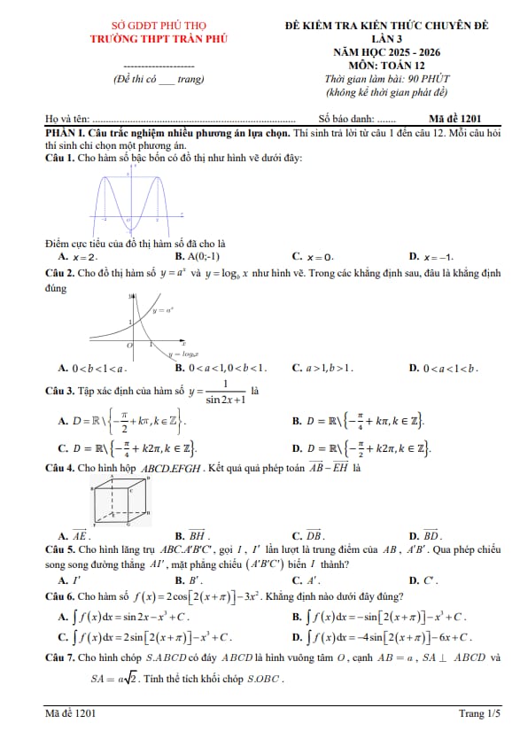 đề kiểm tra toán 12 lần 3 năm 2025 – 2026 trường thpt trần phú – phú thọ