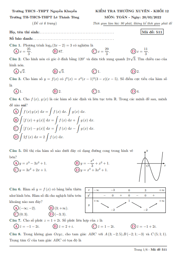 đề kiểm tra toán 12 năm 2021 – 2022 trường nguyễn khuyến & lê thánh tông – tp hcm